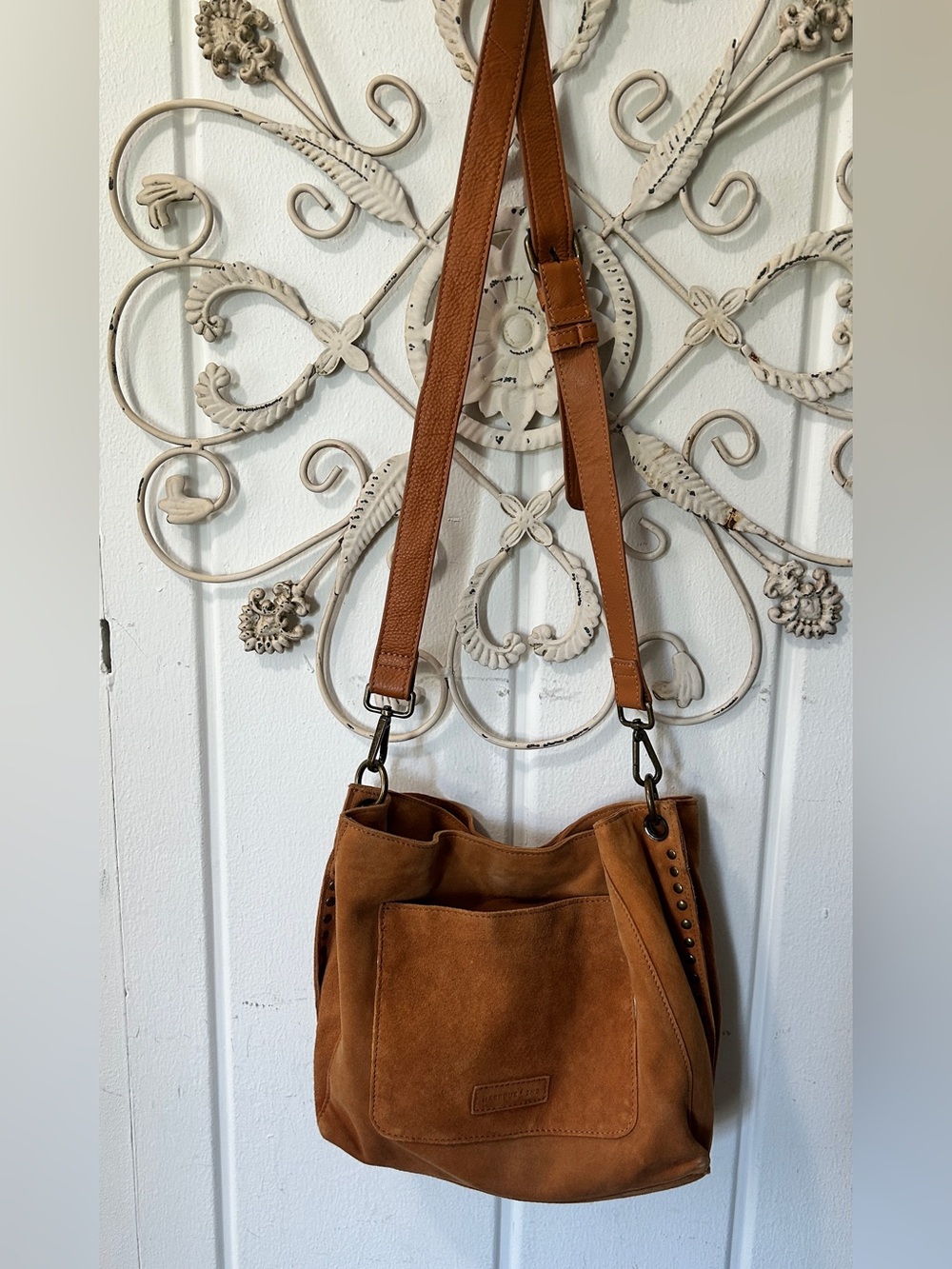 Tobacco Brown Suede Shoulder Bag with Adjustable Strap